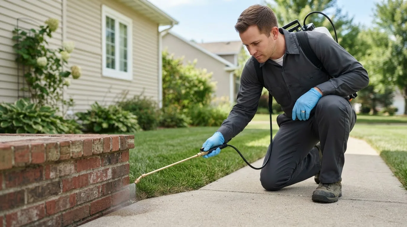 Pest control technician treating a home near Rowlett, TX